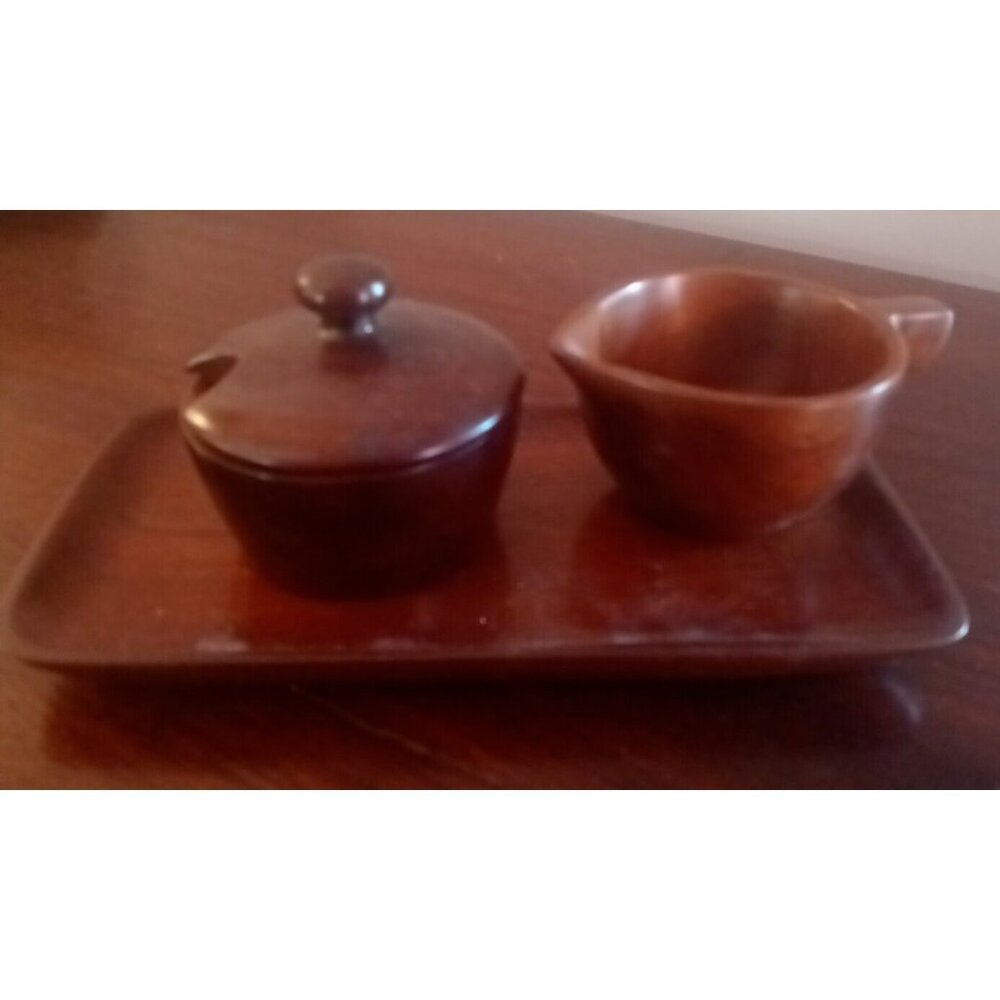 Wooden Cream Sugar Set with Tray  Mahogany  Hand Made Haiti NO SPOON